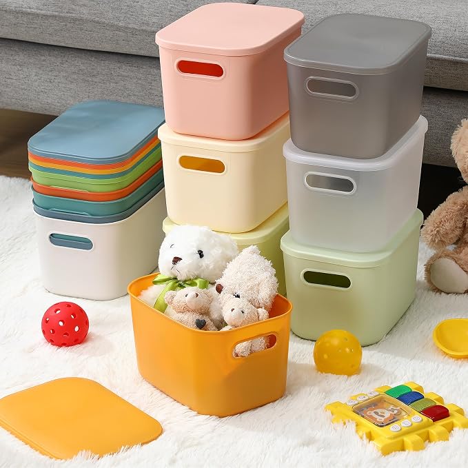 Thyle 12 Pack Colorful Plastic Storage Bins with Lids 7 Quart Toy Storage Box Stackable Nestable Organizer Boxes with Handle and Labels for Classroom, Shelf, Bedroom, Desktop, Toys, School Supplies