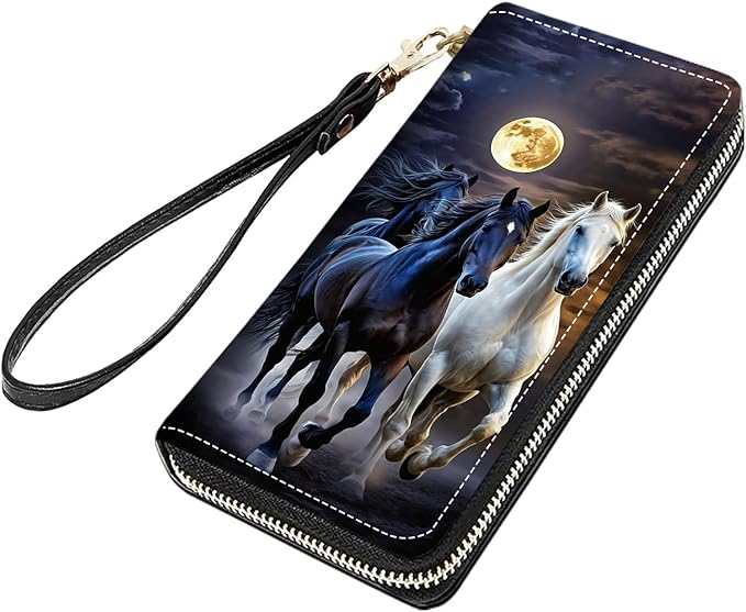 Running Horse Under The Moon Print Women Large Capacity PU Leather Zip Around Wallet, Multifunctional Clutch Purse for Cash/Card/Coin/Smart Phone