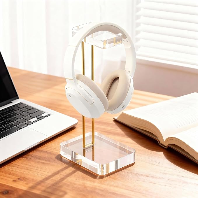 Headphone Stand Headset Holder for Desk, Solid Christal-Clear Acrylic with Gold Hardware Earphone Hanger for Gaming Room Office Accessories