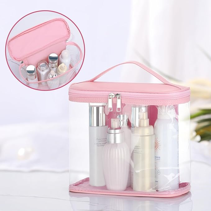 Heavy Duty Leak Proof Clear Travel Bags for Toiletries, Transparent Makeup Cosmetic Bag with Zipper and Handle (Large, 1PCS Pink)