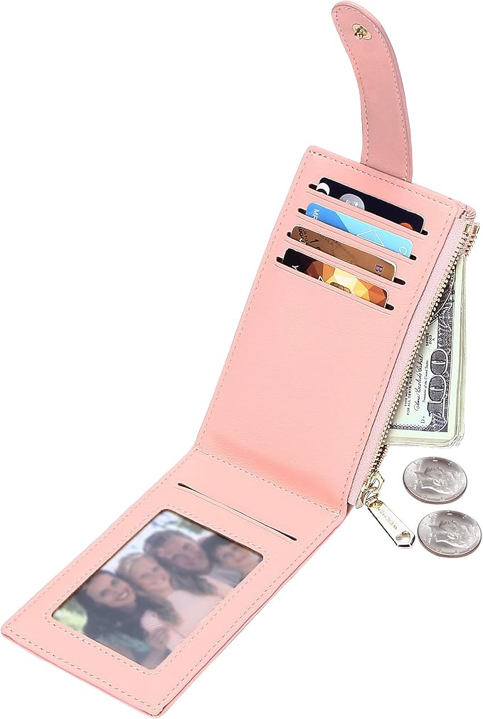 Badiya Slim Women Wallet RFID Blocking Bifold Compact 9 Card Slots Holder Wallets Soft Leather with Zipper Coin Pocket 2 ID Window