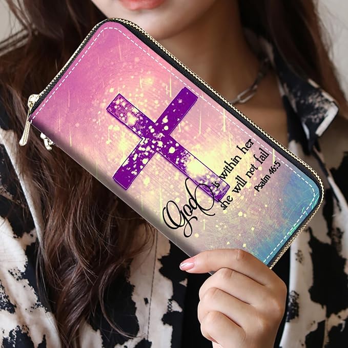 Women's Large Capacity Wallet,Portable PU Leather Zipper Wallet for Smart Phone/Card/Coin/Cash,Multifunctional Clutch Wallet with Removable Wristlet Strap,Christian Cross Quote Bible Verse Psalm 46:5