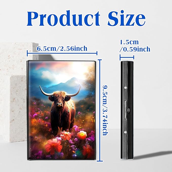 RFID Blocking Credit Card Holder - Slim Metal Wallet for Women & Men,Cow in Colorful Flower Design Stainless Steel Business Card Case,Compact Pocket Organizer for Travel & Daily Use
