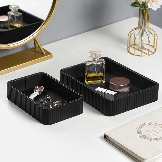 Desk Organizer Tray, PU Leather Nightstand Organizer Perfume Valet Tray for Men Women, Decorative Vanity Trays Trinket Dish Key Bowl for Entryway Table (2pcs, Black, Large+Small)