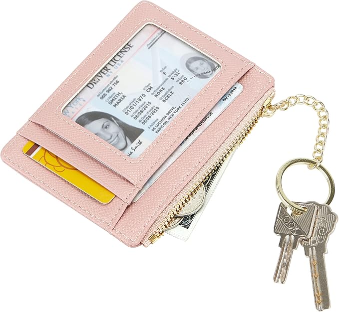 Women's Slim Minimalist Card Holder Coin Changes Purse Keychain Front Pocket Wallet With ID Window