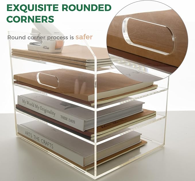 4 Tier Paper Organizer Letter Tray - Acrylic Tray Organizer for Desk, Paper Sorter Organizer for Letter/A4 Office File Folder Holder - Crystal-Clear File Organizer