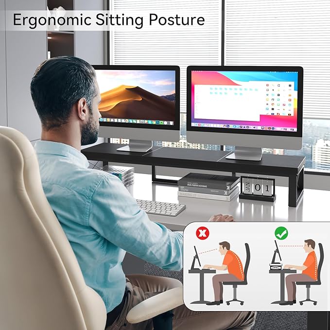 IBUYKE Large Dual Monitor Stand Riser for 2 Monitors, Wooden Desktop Computer Monitor Stand Storage Shelf and Steel Legs,Dual Screen Office Desk,Monitor Riser for Computer, Printer,Laptop,TV,Black UTDJ002B