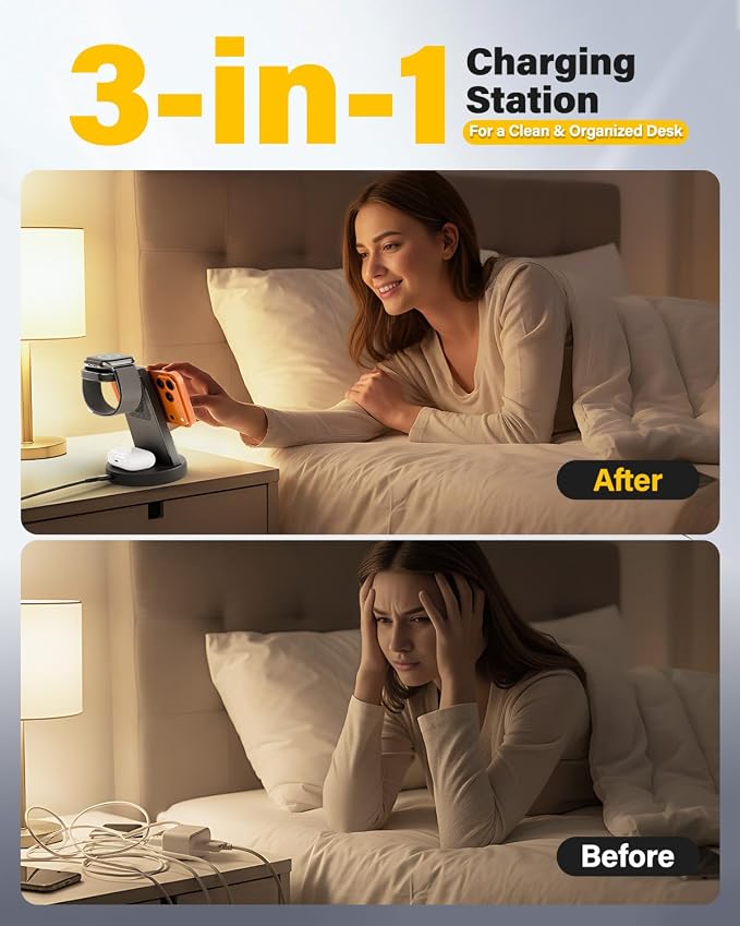 3 in 1 Fast Charging Station for iPhone, 25W Wireless Magnetic Phone Charger for iPhone 17 16e 16 15 14 13 12 Serise, Watch Charger Stand, Wireless Charging Station for AirPods 4 3 Pro, Black