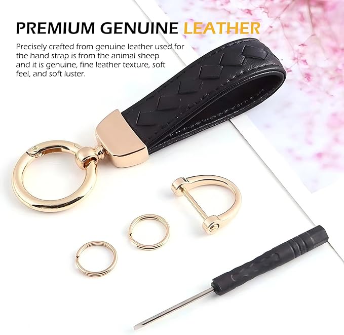 Car Keys Keychain, Leather Key Chain, Black Leather Wristlet Keychain with 2 Key Ring andAnti-Lost D-Ring, Keyfob holder for Women Men (Black)
