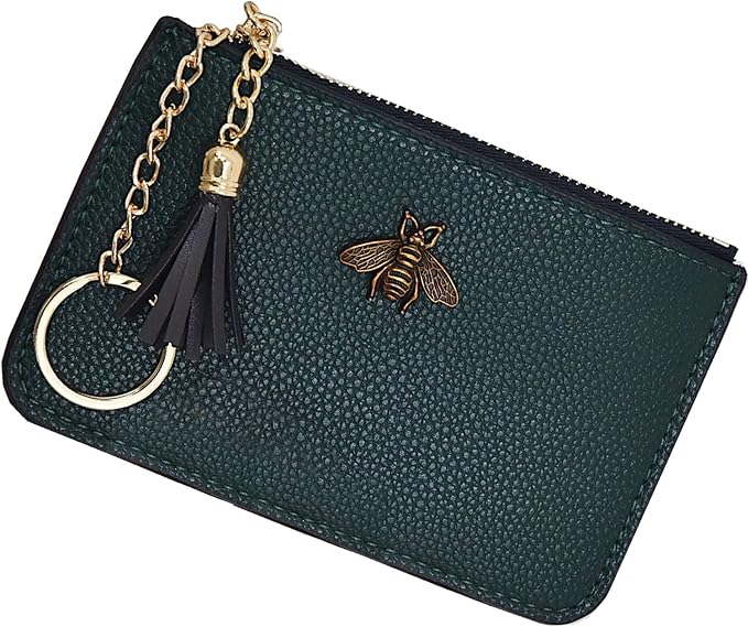 Women's Coin Purse Change Wallet Pouch Leather Card Holder with Key Chain Tassel Zip (Dark Green)