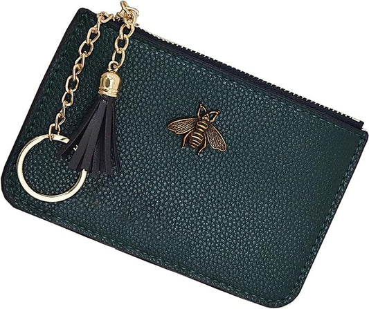 Women's Coin Purse Change Wallet Pouch Leather Card Holder with Key Chain Tassel Zip (Dark Green)
