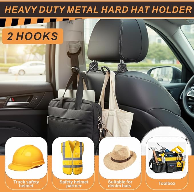 2 Pack Heavy Duty Dual Hook Helmet Rack for Truck, Adjustable Headrest Hanger, Hard Hat Holder Vehicle Accessory (Left)