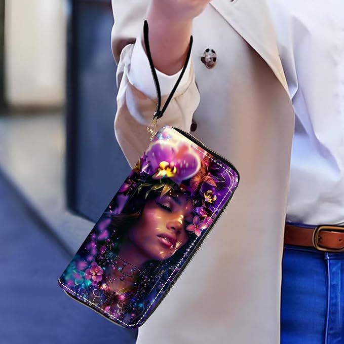 Women's Large Capacity Wallet PU Leather Zip Around Clutch Purse Multifunctional Wallet with Removable Wristlet Strap for Smart Phone/Coin/Card/Cash, Floral Wreath Women