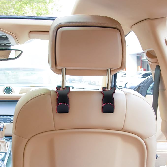 Purse Hook for Car Headrest, Leather Back Seat Organizer Hanger Holder Hook for Hanging Purses and Bags and Coats, 2Pack Black&Red