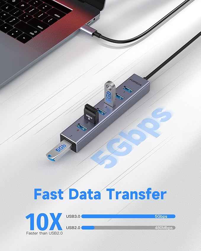 FORIDA USB C Hub-8 Port USB HUB with 7 USB3.0 Data Ports,Aluminum Alloy USBC Splitter with Type C 5V/3A Power Port Compatible with MacBook, iPad, Surface Pro, XPS, Laptop,PC (Gray,USB C-9.8in)