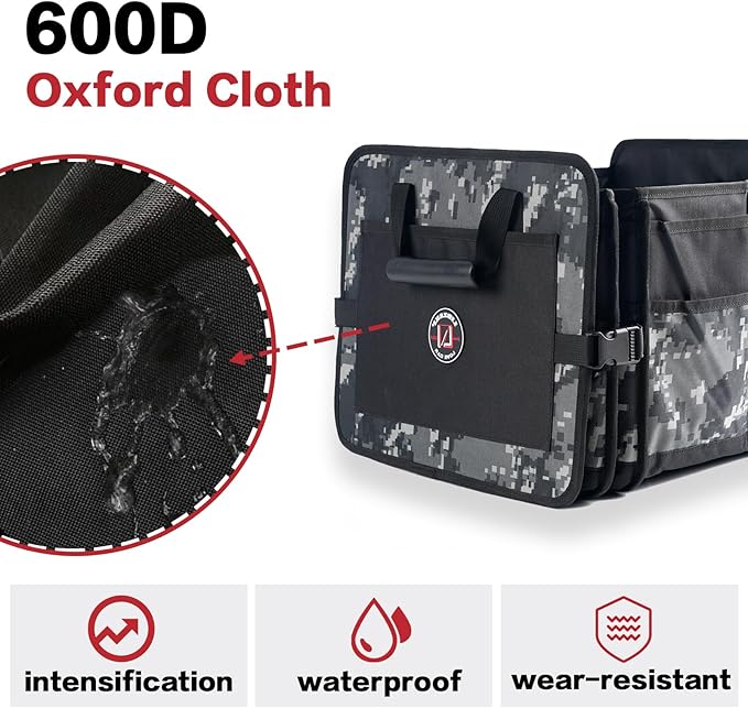 LIBZAKI Car Trunk Organizer,3 Compartments Big Trunk Storage, Large Capacity, Foldable, 95L Heavy Duty Storage Box for Car, SUV, Truck,Jeep, Includes 26L Cooler Bag-Black Camouflage