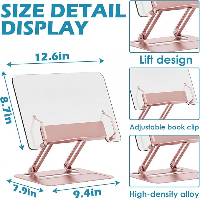 Acrylic Adjustable Book Stand, Reading Stand with Lift Design, High-Density Alloy Desktop Document Holder for Document Recipe, Cookbook, Music Book (Rose)