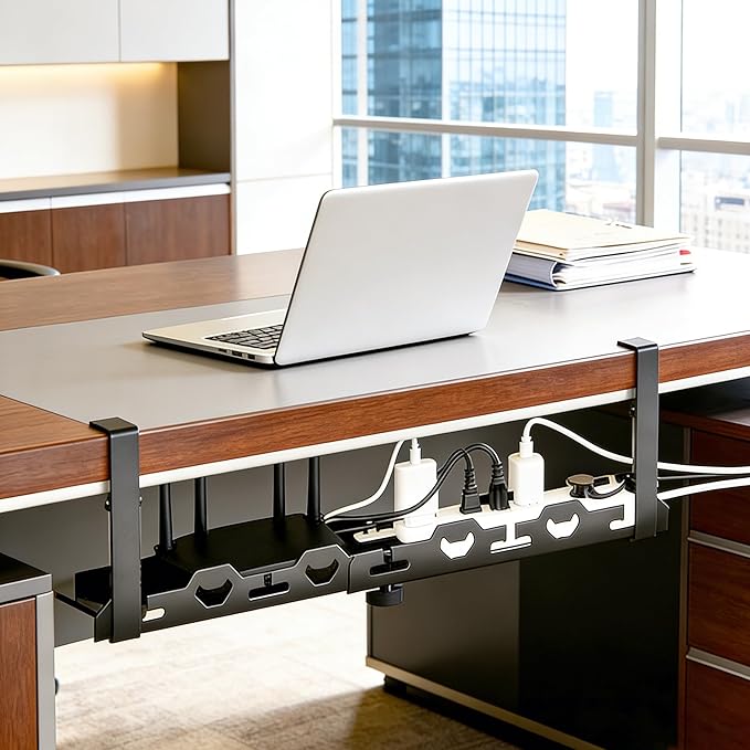 No Drill Under Desk Cable Management Tray System-Extendable15 to 30 "Heavy-Duty Metal Desk Cable Organizer with Clamp Cord Management Holder for Standing Desk & Home Office Black