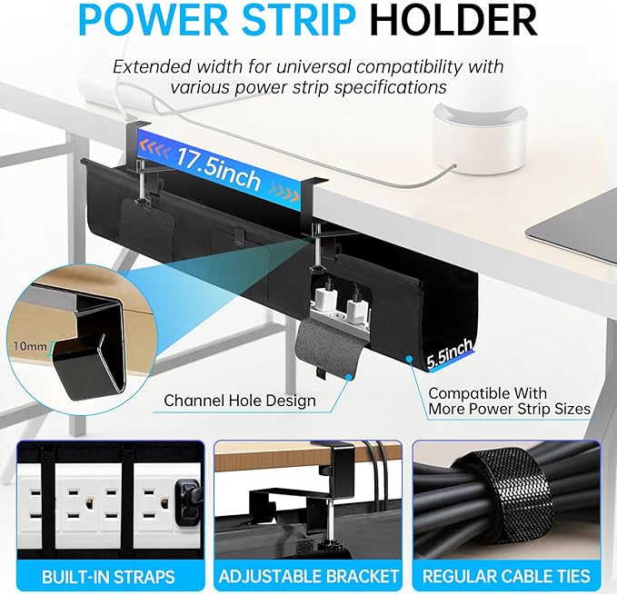 Under Desk Cable Management Tray No Drill, 36" Clamp Mount Under Desk Cord Organizer for Standing Desk Cable Management, Fabric Cord Organizer Fabric for Office Home, Black