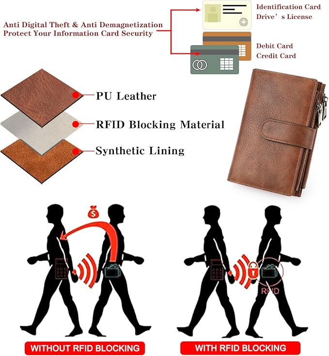 GOIACII Womens Wallets RFID Blocking Leather Trifold Clutch Wallet Credit Card Holder Ladies Purse 3 ID Windows Brown