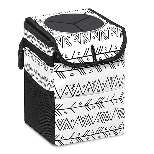 Car Trash Can Black White Geometric Print Auto Garbage Bag Car Trash Can with Lid Leak-Proof Car Storage Bag Garbage Bag Hanging for Headrest Collapsible and Portable with Storage Mesh Pocket
