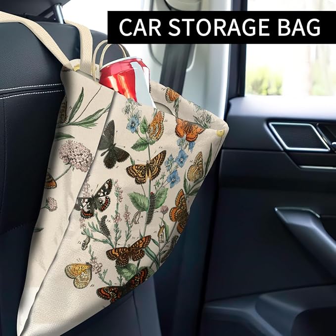 Car Trash Can, Cute Car Trash Bag, Hanging Car Organizer and Storage Bag, Trash Bin for Car Accessories, Vehicle, Travelling, Camping Vintage Butterfly Leaf