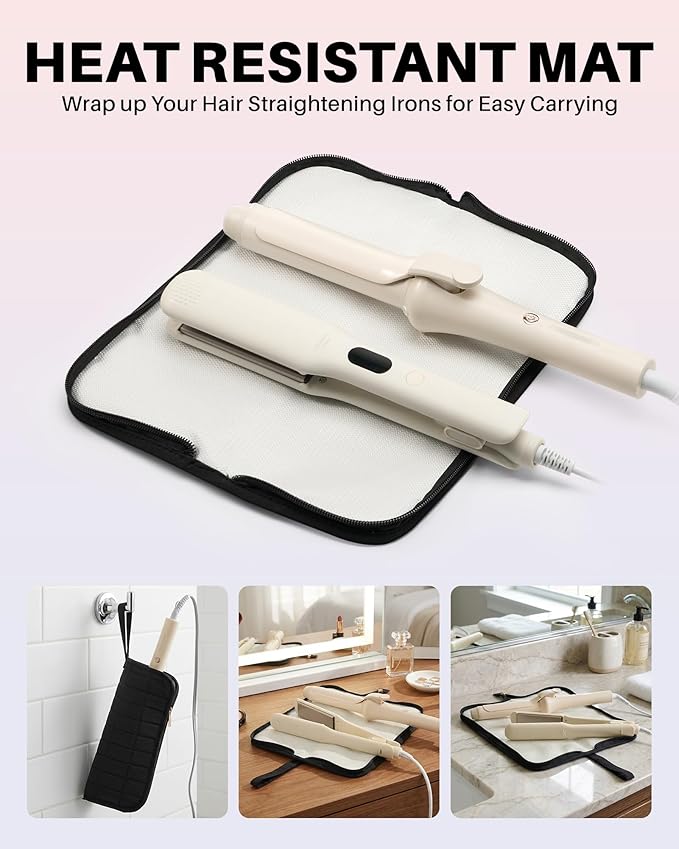 Hot Tools Travel Case with Heat Resistant Mat Pouch, Large Hair Tool Organizer Bag for Curling Iron Flat Iron Hair Dryer Hot Air Brush, Water Resistant Makeup Bag Gift for Women, Black