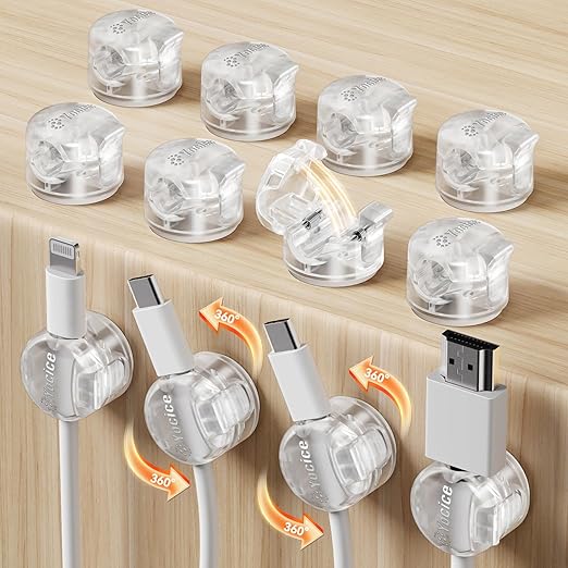 12 Pack Locking Spring Cable Clips, Rotatable Cord Organizer with Secure Lock Design, Adhesive Cord Holder for Desk Home Office Car Wall Charger Cable Management, Clear