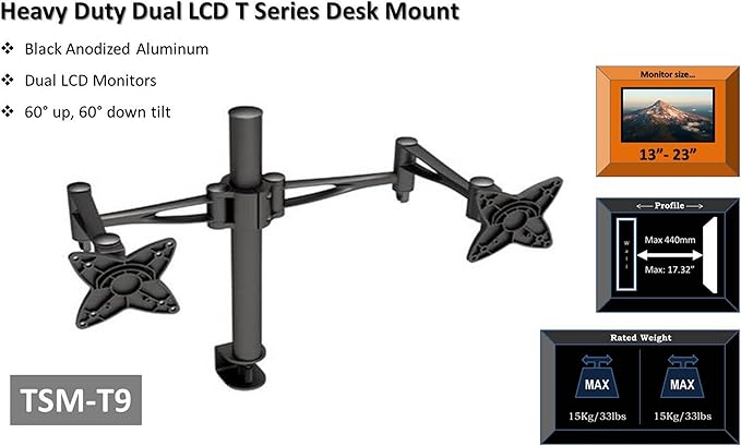 OSD Audio TSM-T9 Home and Office Dual Arm Desk Mount for Dual 13-inch to 23-inch Monitors