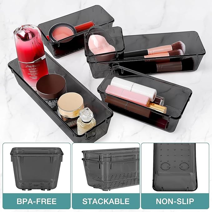 16 PCS Drawer Organizer Set, 5 Varied Size Bathroom and kitchen Drawer cabinet organizer Trays, Clear Storage Bins for Makeup, Jewelry, Utensils and Gadgets, Black