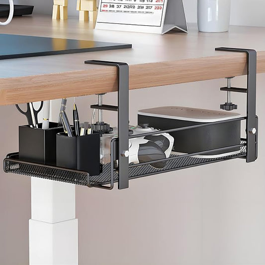 Under Desk Cable Management Tray No Drill, Sturdy Wire Desk Cable Organizer Tray,Wire Management Rack with Side Rails and Storage Organizer for Home Office
