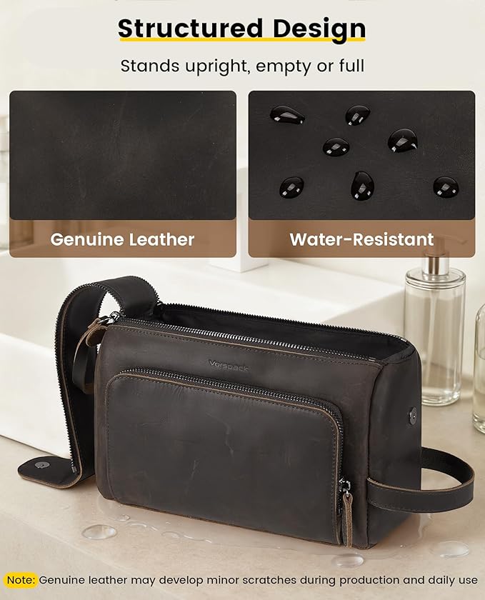 Vorspack Genuine Leather Toiletry Bag for Men - Water Resistant Travel Bag for Toiletries, Essentials, Accessories - Dark Brown
