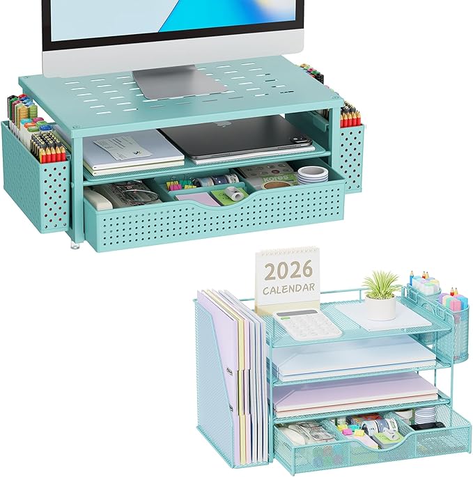 gianotter 4-Tier Paper Letter Tray + Monitor Stand with Storage (Blue)