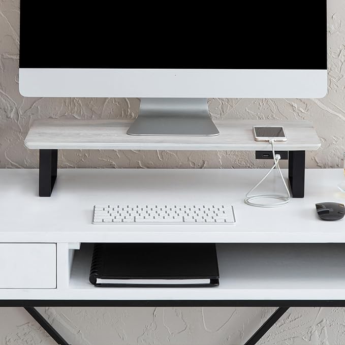 Anji Mountain Monitor Stand - Desktop Organizer & Laptop Riser, Ergonomic Monitor Riser, Space-Saving Monitor Stand for Desk, Durable Construction, Easy Assembly, Ideal for Home & Office,White Wash