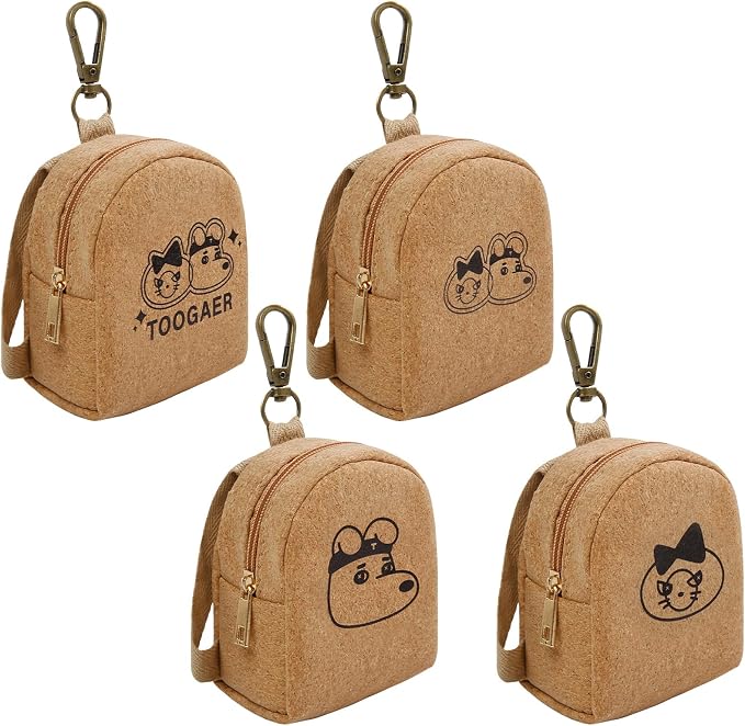 AIBFRID 4Pcs Mini Backpack Keychain,Cute Cosmetic Bag for Women,PU Leather Makeup Bag Key Pocket Lipstick Bag Card Holder Data Cable Organizer Zipper Pouch (Brown Kraft Paper)