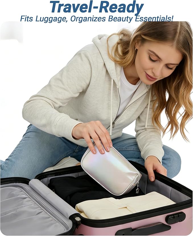 Small Makeup Bag，Travel Cosmetic Bag Organizer，Toiletry Bag with Zipper，Accessories Storage Bag for Women-Holographic white