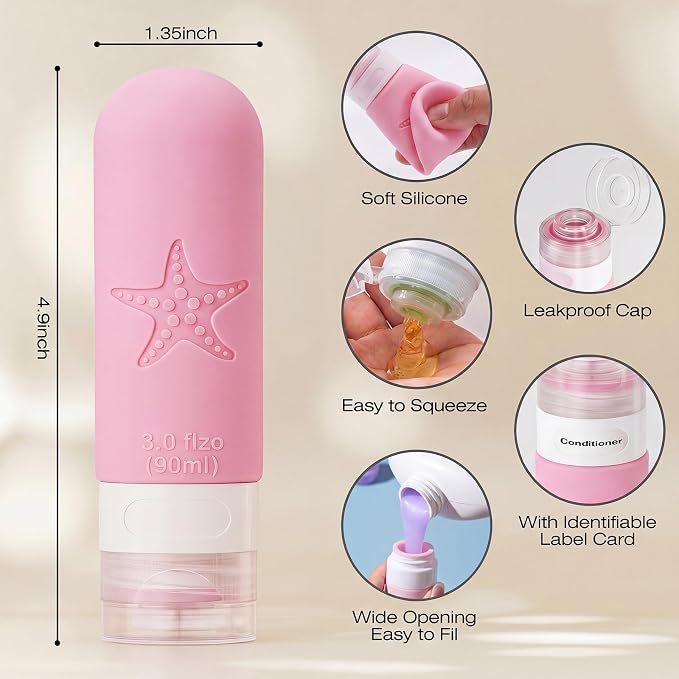 18 Pack Travel Bottles for Toiletries - TSA Approved, Triple Leak Proof Silicone Set, 3oz Refillable Travel Essentials Kit for Shampoo, Conditioner, Lotion & More, Pink, BPA Free