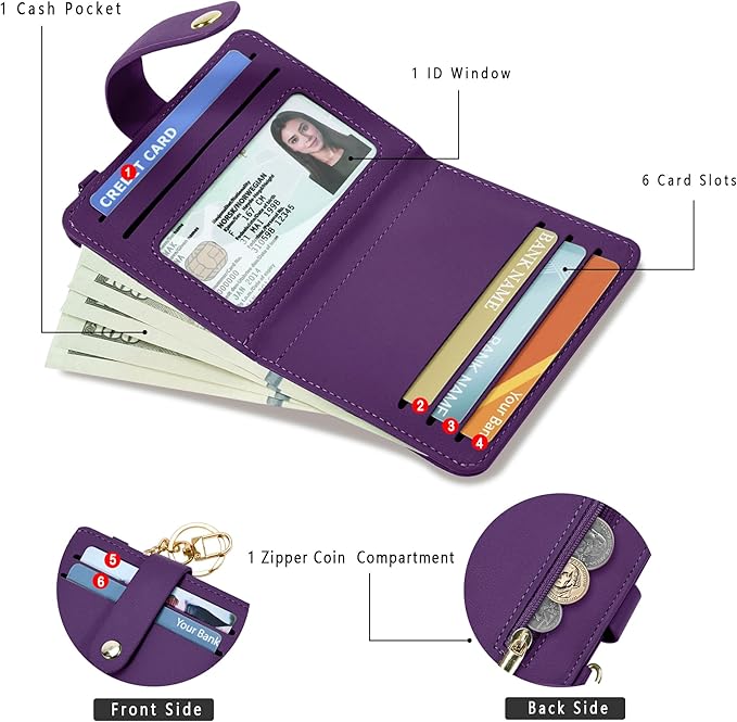 Airkit Small Wallets Woman RFID Blocking Leather Credit Card Holder - with ID Window - Card Wallets for Women - with Zipper Coin Purse - Keychain Wallet