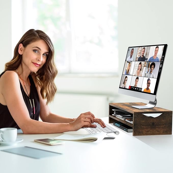 Monitor Stand Riser, 2 Tiers Wood Monitor Riser Stand with Desktop Shelf Storage Organizer, Ergonomic Desk & Tabletop Organizer Desktop Stand for Laptop Computer, MacBook, PC(Rustic Brown)