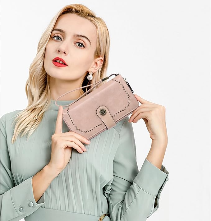 RNIEGA Womens Wallet Leather Billfold RFID Blocking Credit Card Holder Wristlet Wallets for Women Ladies Purses with Zipper Coin Pocket