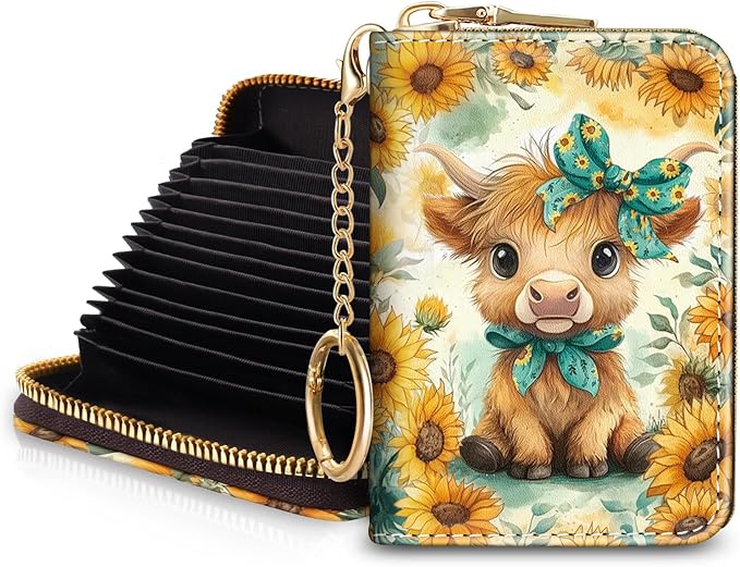 Blusabaca Highland Cow Cattle Modern Artwork Credit Card Holder for Women, Small RFID Blocking Wallet with Zipper, Card Keychain Wallet, PU Leather Wallet Card Case, Accordion Wallet Gift