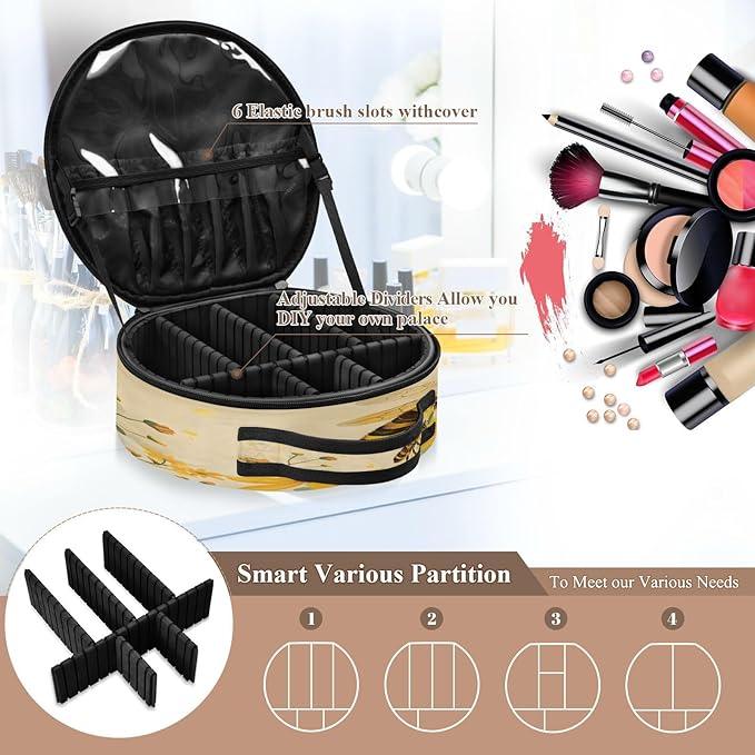 senya Round Cosmetic Pouch Travel Makeup Train Case Honey Bee Makeup Organizer Bag with Adjustable Dividers Portable for Cosmetics Makeup Brushes Toiletry Jewelry Accessories
