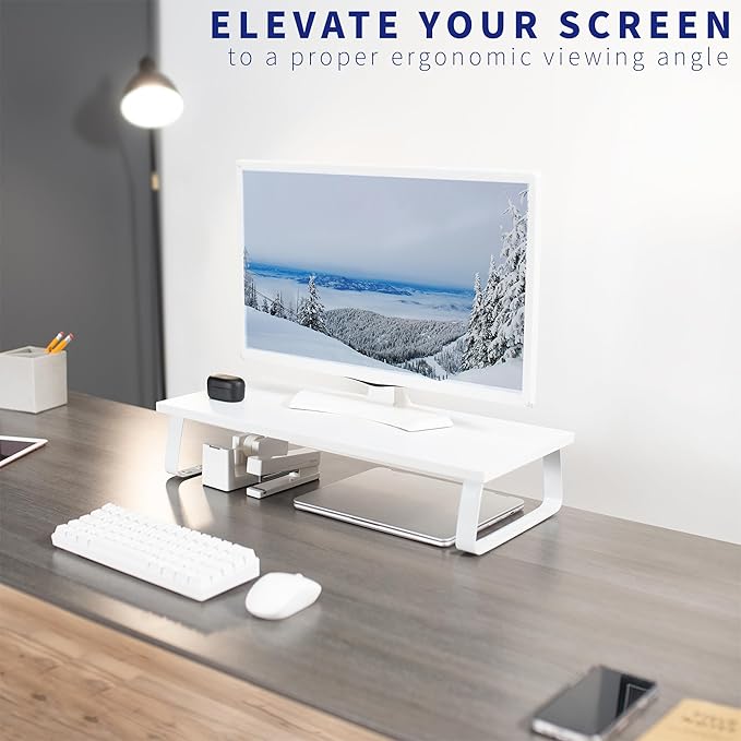 VIVO 24 inch Monitor Stand, Wood & Steel Desktop Riser, Screen, Keyboard, Laptop, Small TV Ergonomic Desk and Tabletop Organizer, White, STAND-V000D-W