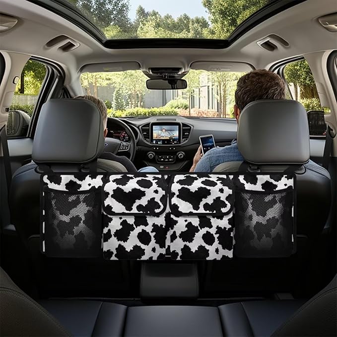 Cow Print Car Trunk Organizer Car Backseat Storage Bag with 4 Pockets Hanging Trunk Cargo Storage Universal Auto Accessories for Sedans SUV Trucks Van