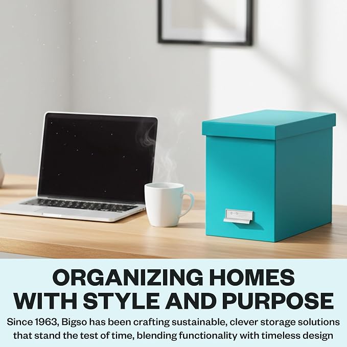 Bigso John Fiberboard Label Frame Desktop File Storage Box - Document Organizer for Important Paperwork - Durable Hanging File Box with a Lid & Metal Label Window - 7.36 x 13.38 x 10.51 in - Turquoise