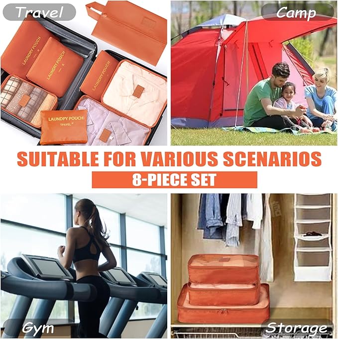 8 Set Packing Cubes for Travel Luggage Packing Bags Reusable Waterproof Suitcase Organizer Cubes Set with Shoe Bag and Toiletry Bag (Orange)