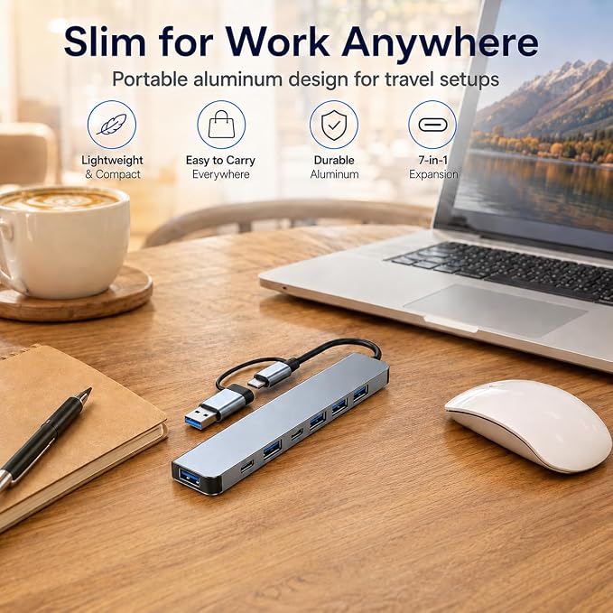 7-Port USB Hub, USB-C & USB-A Multiport Adapter with USB 3.0, USB 2.0, USB-C Data Port and 5W Power Input, Slim Aluminum for Laptop, Desktop, MacBook, iPad, Keyboard, Mouse, Flash Drive