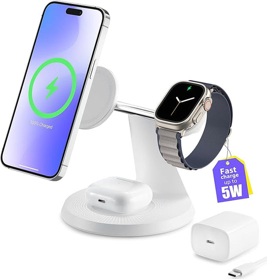 3-in-1 Wireless Charging Station for Apple Devices - Fast Charging Station for iPhone and Watch with MagSafe, Stable Charger Stand for iPhone 17 Air 16 15 14 13 12 Series & iWatch & AirPods