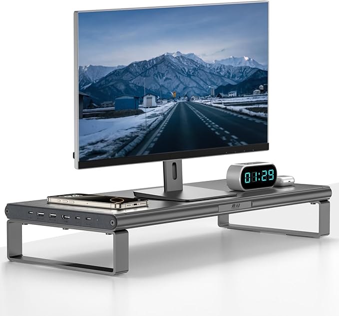 Monitor Stand with Docking Station, Aluminum Monitor Riser with 6-in-1 Docking Station: 4K HDMI, USB-C, USB 3.0, PD 100W, Wireless Charging,Metal Desk Stand with Storage-Silver Gray