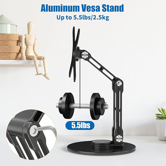 Portable Monitor Stand VESA Mount, Tilt & Rotation Joints Use Metal Hinges, Foldable Aluminum Desk Mount for 13-18.5 Inch & up to 5.5 lbs Small Monitors, Suitable for Home Office Travel (Black)